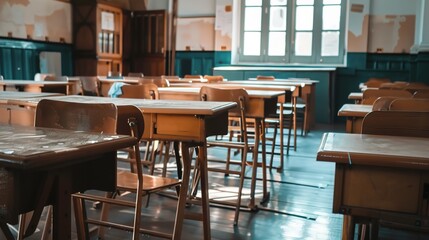Abandoned Vintage Classroom with Sunlit Wooden Desks and Empty Chairs, Retro School Interior Featuring Distressed Wood Texture and Atmospheric Natural Lighting, Copy Space