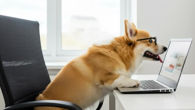Friendly corgi dog wearing glasses working on a laptop in an office setting