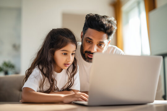 Indian father helping daughter with online school homework using laptop at home