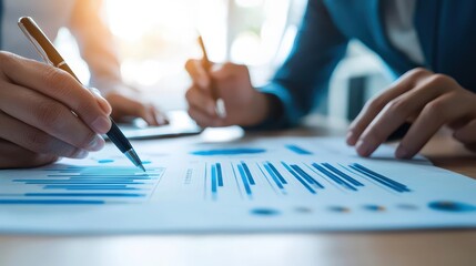 Conceptual team discussing goals with floating data, business strategy session