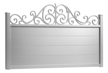 Sliding gate for a residential garden, constructed from lightweight aluminum and topped with decorative scrollwork.