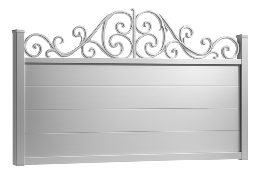 Sliding gate for a residential garden, constructed from lightweight aluminum and topped with decorative scrollwork.