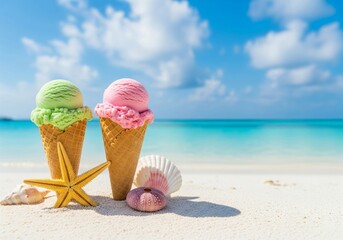 Two Ice Cream Cones on Tropical Beach with Seashells and Starfish – Summer Vacation Concept