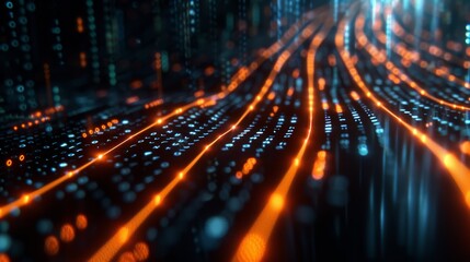Digital data stream flows through vibrant pathways in a futuristic virtual environment a dark background