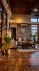 Living room features modern design with wooden floor and furniture