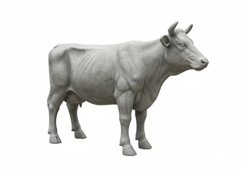 A gray concrete cow statue stands isolated on white background