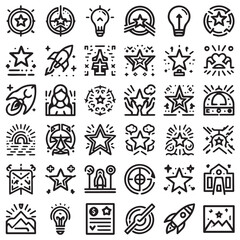 set4: A set of linear vector icons representing achievement, award, recognition, and success. This editable stroke icon collection includes medals, trophies, stars, certificates,