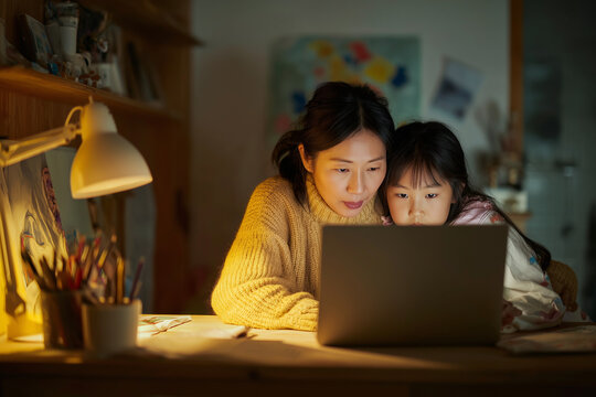 Asian mother helping daughter with online school lessons at home using laptop - Powered by Adobe