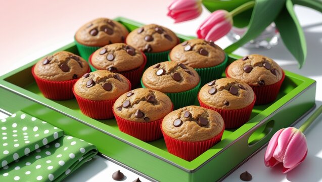 Freshly baked chocolate chip muffins in colorful liners on a green tray with tulips in the background