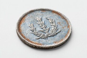 ancient coin with worn crest and rough edges high-detail macro