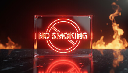 Neon no smoking sign illuminated against fire background  