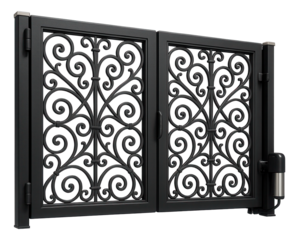 Ornate automatic bi-folding gate crafted from steel, ideal for a historic property, combining elegance with automated convenience.