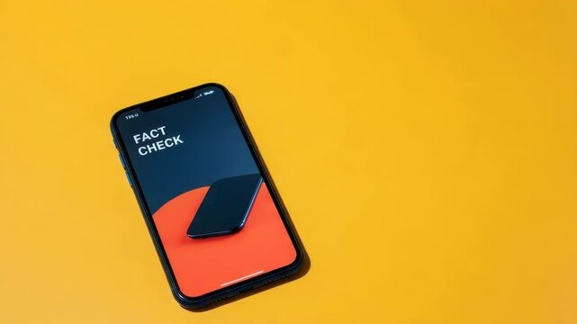 Smartphone with "Fact Check" on screen against yellow background