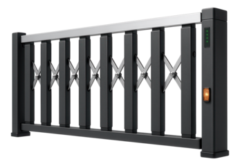Retractable automatic gate with a modular design, suitable for a commercial parking lot, allowing for flexible space management.