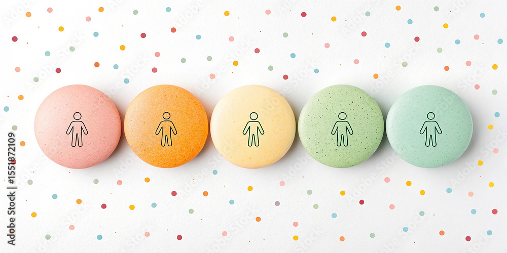 Fototapete five colorful macarons with simple line art human figures on a white background with colorful polka 