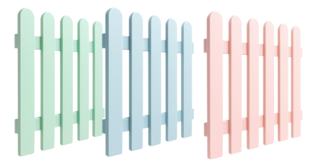 Vinyl picket fence sections in pastel colors for a cheerful front yard.