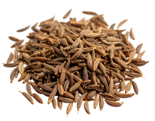 Pile of aromatic cumin seeds, dry and ready for cooking or spice grinding on transparent background