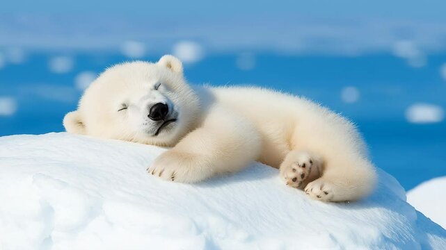 Polar bear cub arctic snow white animal wildlife winter sleeping cute peaceful fur cold nature mammal ice young outdoors environment relaxation resting serene fluffy carnivore endangered north - Powered by Adobe