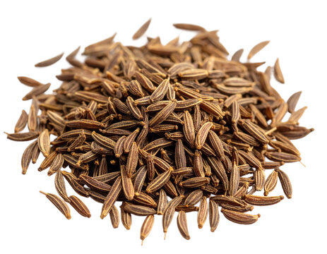 Pile of aromatic cumin seeds, dry and ready for cooking or spice grinding on transparent background