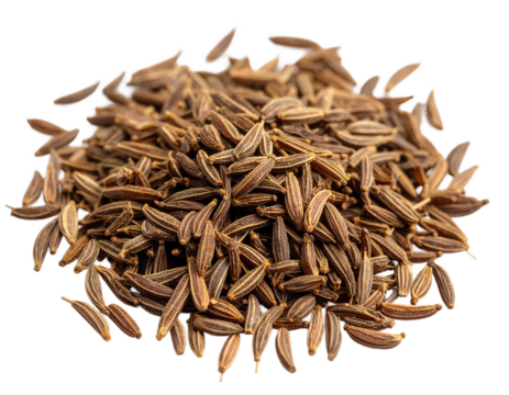 Pile of aromatic cumin seeds, dry and ready for cooking or spice grinding on transparent background
