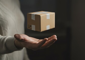 A woman holds a small cardboard box in her hand as if it is floating in the air