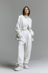 A stylish young woman in a white oversized suit mockup, featuring a cropped top and loose-fitting pants. She stands confidently against a neutral gray background, showcasing a modern and chic.