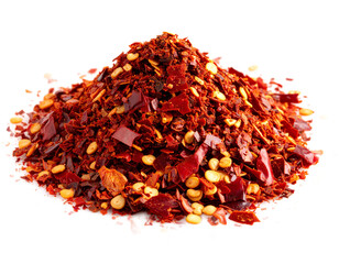 Fototapeta premium Pile of fiery chili flakes and seeds against white demonstrating spice intensity on transparent background