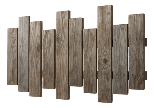 Reclaimed wood fence sections arranged in a staggered pattern for a rustic backyard.