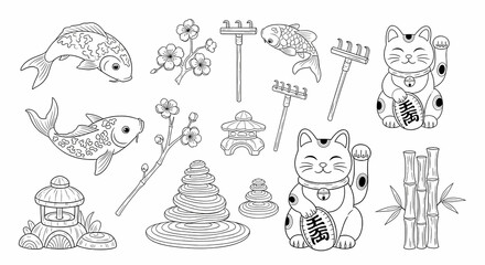 Set of hand drawn whimsical illustrations of zen garden elements and lucky symbols. Doodle drawings of koi fish, cherry blossoms, mini rakes, maneki-neko cats, and bamboo. Serene line art in delicate 