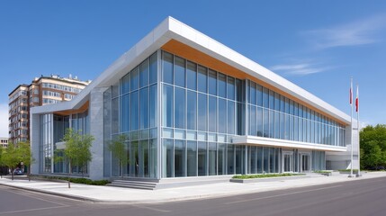 Exterior View of a Contemporary National Bank Building with Extensive Glass Facade and Wooden Accents Under Clear Blue Skies