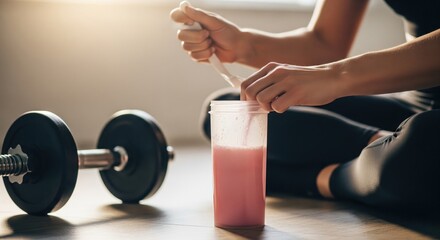 Naklejka premium Woman mixing protein shake near dumbbell after workout session