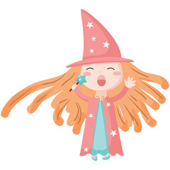 Enchantress vector. Cartoon character wearing pretty hat, costume illustration. Isolated female fantasy girl with magic wand. Magical fairytale sorcerer. Child in halloween dress on white background