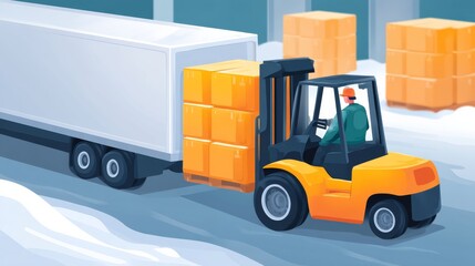 Forklift Loading Orange Boxes Into Refrigerated Truck In Cold Storage Facility
