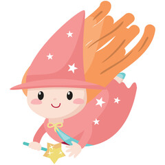 Vector enchantress. Cartoon girl character wearing pretty hat, costume flying in sky illustration. Isolated female fantasy fairytale sorcerer with magic wand on white background