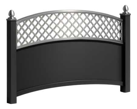 Curved metal fence with a lattice top, offering a stylish protection for a rooftop garden.