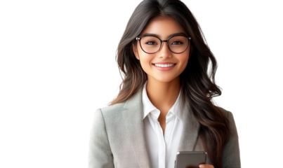 Confident young woman in a business suit holding a smartphone, wearing glasses, smiling warmly, representing professionalism and modern communication in the workplace