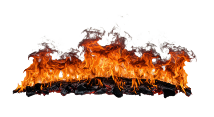 Horizontal line of intense, flickering orange and yellow flames, intricate textures, licking tongues, glowing dark red embers, and sinuous smoke isolated against a transparent background, concept of