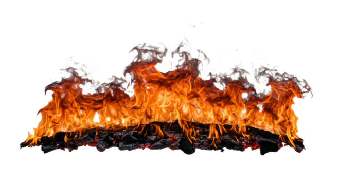 Horizontal line of intense, flickering orange and yellow flames, intricate textures, licking tongues, glowing dark red embers, and sinuous smoke isolated against a transparent background, concept of