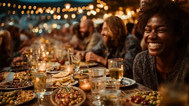 Festive Outdoor Dinner Party with Diverse Group of Friends, Laughing African American Woman, Warm Lighting, and Abundant Food on Rustic Wooden Table - Powered by Adobe