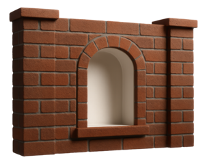 Brick fence with a recessed niche for sculptures, enhancing the entrance of an artist?s residence.