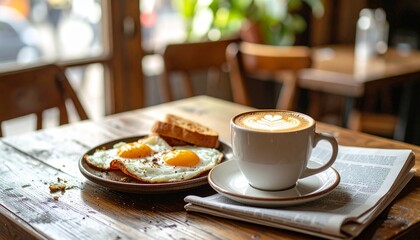 A relaxed café-style British breakfast scene: a rustic plate with half-eaten eggs, crumbs on the table, a folded newspaper, and a latte with perfect foam art. 