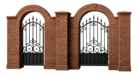 Brick fence with arched gateways, providing a grand entrance for a luxury estate.