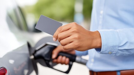 Man Holding Payment Card While Refueling Vehicle at Gas Station