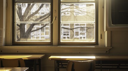 Sunlight Streaming Through Classroom Window onto Empty Wooden Desk, Warm Sunbeam Illumination in School Interior with Dust Particles and Bokeh Effect, Peaceful Learning Atmosphere