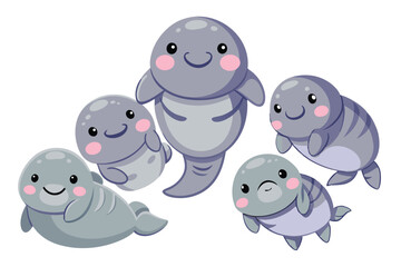 Naklejka premium Group of Cute Cartoon Manatees Swimming Together on a White Background