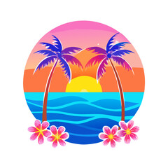 Obraz premium Tropical Sunset Palm Tree T-Shirt Design – Bold Ocean Sunset with Palm Trees, Colorful Waves, Bright Tropical Flowers, Vibrant Beach Art on White Background