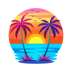 Tropical Sunset Palm Tree T-Shirt Design – Bold Ocean Sunset with Palm Trees, Colorful Waves, Bright Tropical Flowers, Vibrant Beach Art on White Background

