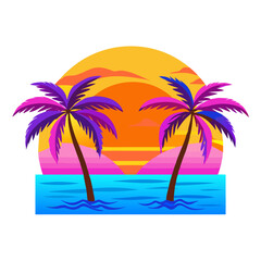 Tropical Sunset Palm Tree T-Shirt Design – Bold Ocean Sunset with Palm Trees, Colorful Waves, Bright Tropical Flowers, Vibrant Beach Art on White Background

