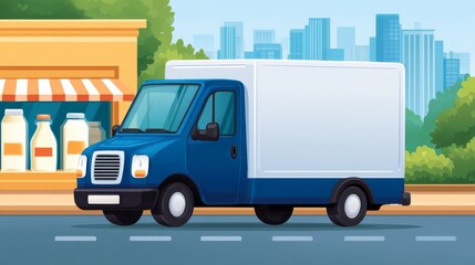 Naklejka premium Refrigerated Delivery Van Transporting Dairy Products on a City Street