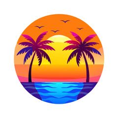 Tropical Sunset Palm Tree T-Shirt Design – Bold Ocean Sunset with Palm Trees, Colorful Waves, Bright Tropical Flowers, Vibrant Beach Art on White Background

